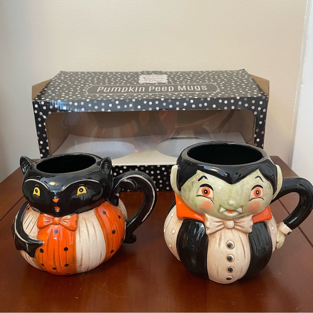 NIB JOHANNA PARKER PUMPKIN PEEPS BAT & VAMPIRE MUGS Cups Halloween Holiday Tea - Picture 3 of 16